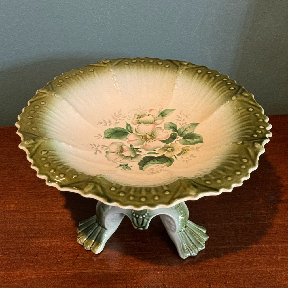 Vintage Blakeney Staffordshire England Green Floral 9" Footed Serving Dish